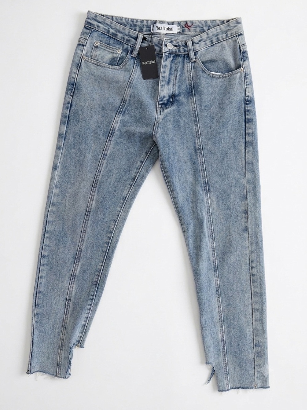 RealTakai Light Wash Straight Leg Jeans Asymmetrical Raw Hem Denim Medium